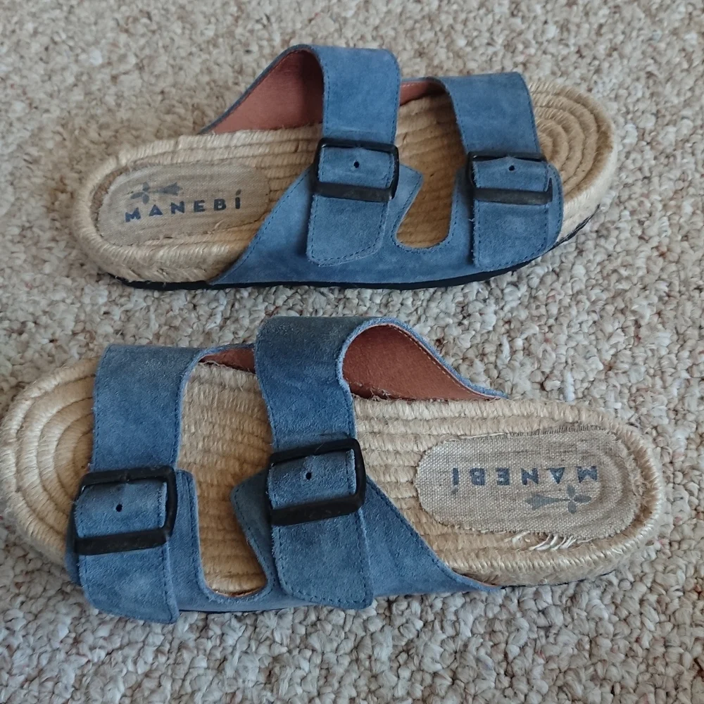 Manebi Nordic Espadrille blue suede Slides size 6.5
